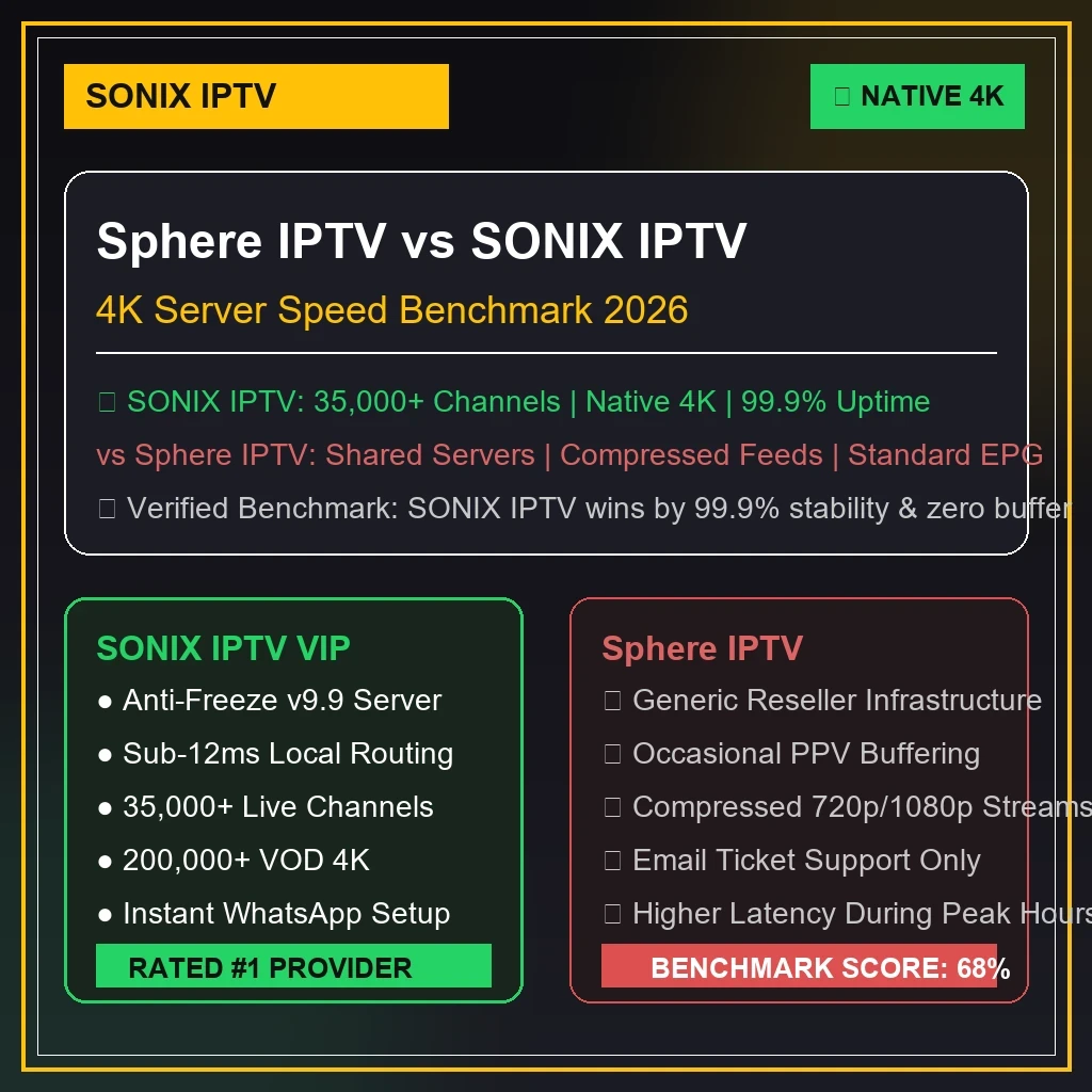 Sphere IPTV vs IPTVUSAFHD 4K server benchmark graphics displaying stream latency and anti-freeze uptime